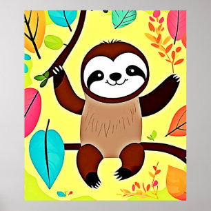 Cute Sloth Hanging on a Tree Branch Poster