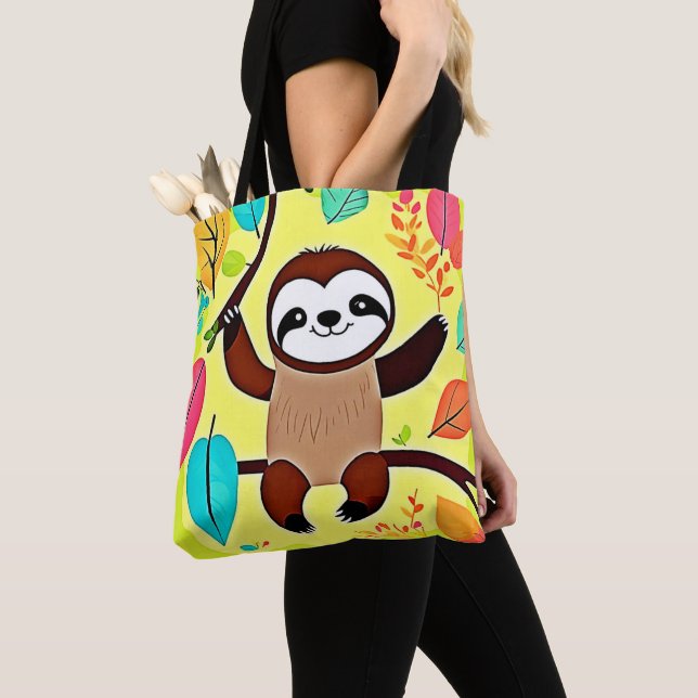 Cute Sloth Hanging on a Tree Branch Tote Bag (Close Up)