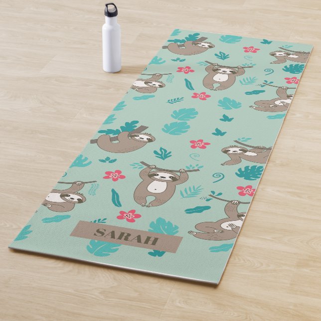 Cute Sloth Hanging Pattern Personalised Name  Yoga Mat (In Situ)