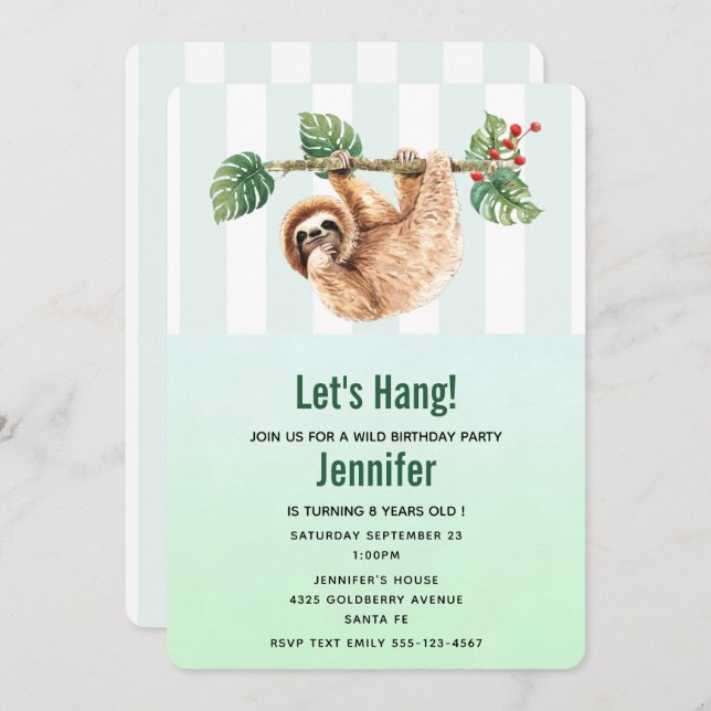 Cute Sloth Hanging Upside Down Watercolor Birthday Invitation (Front/Back)
