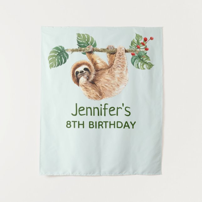 Cute Sloth Hanging Upside Down Watercolor Birthday Tapestry (Front)