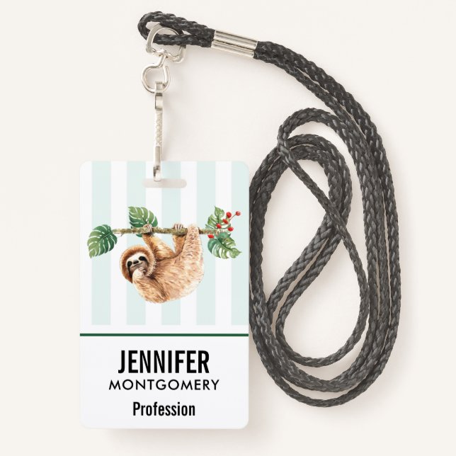 Cute Sloth Hanging Upside Down Watercolor ID Badge (Back with Lanyard)