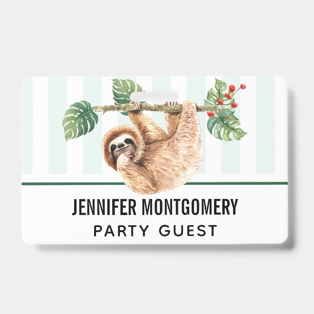 Cute Sloth Hanging Upside Down Watercolor ID Badge (Front)