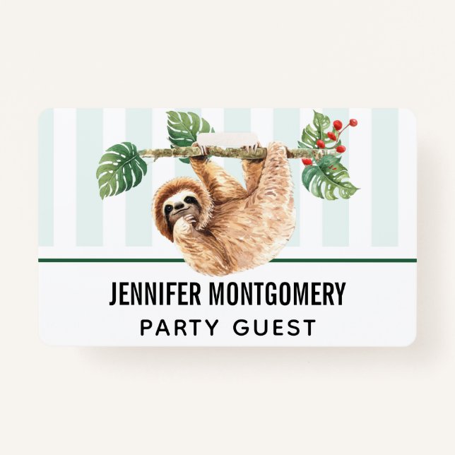 Cute Sloth Hanging Upside Down Watercolor ID Badge (Front)