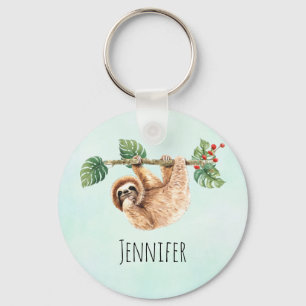Cute Sloth Hanging Upside Down Watercolor Key Ring