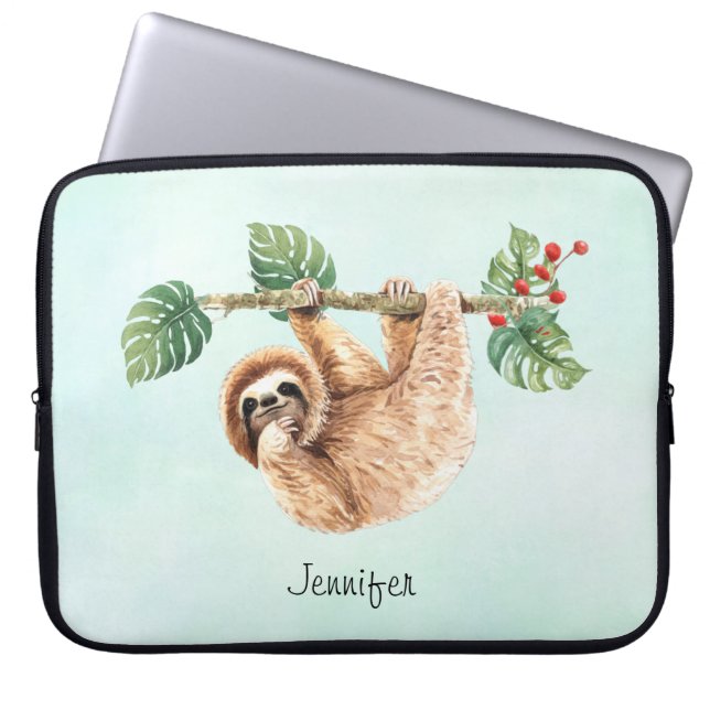 Cute Sloth Hanging Upside Down Watercolor Laptop Sleeve (Front)