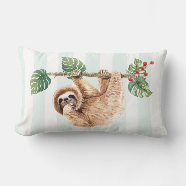 Cute Sloth Hanging Upside Down Watercolor Lumbar Cushion (Front)