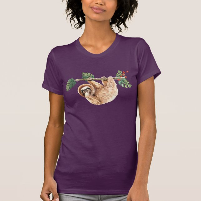 Cute Sloth Hanging Upside Down Watercolor T-Shirt (Front)