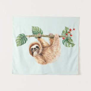 Cute Sloth Hanging Upside Down Watercolor Tapestry