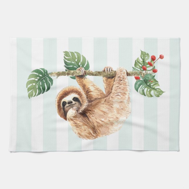 Cute Sloth Hanging Upside Down Watercolor Tea Towel (Horizontal)