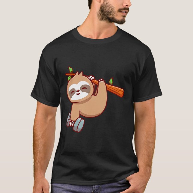 Cute Sloth Holding Dumbbell T-Shirt (Front)
