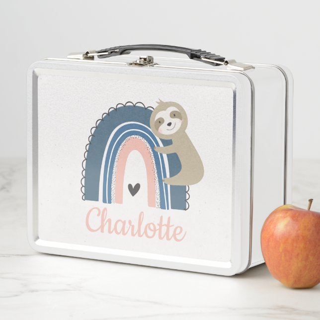 Cute Sloth Hugging Rainbow Girly School Metal Lunch Box (In Situ)
