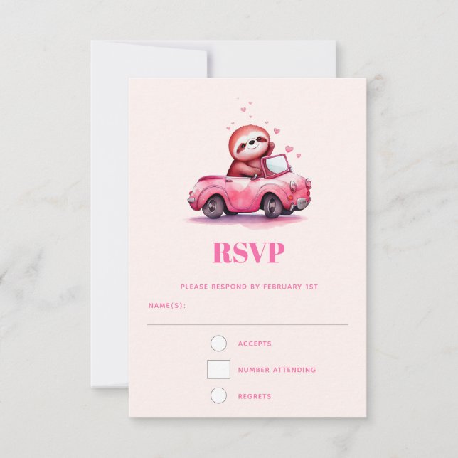Cute Sloth in a Pink Convertible RSVP Card (Front)