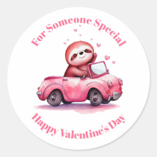 Cute Sloth in a Pink Convertible Valentine's Day Classic Round Sticker