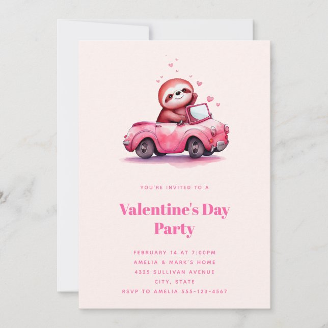 Cute Sloth in a Pink Convertible Valentine's Day Invitation (Front)