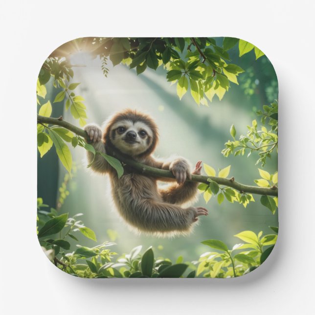 Cute Sloth In Backlit By Sunbeams Paper Plate (Front)