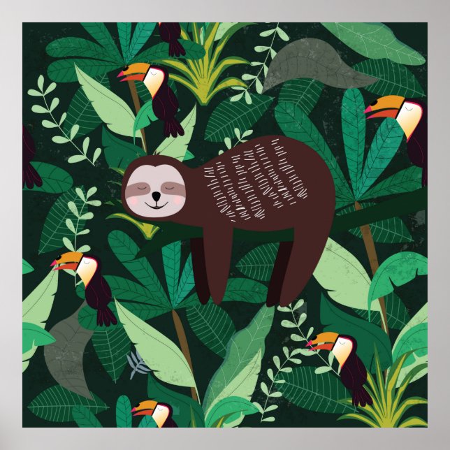 Cute sloth in green tropical illustration pattern poster (Front)