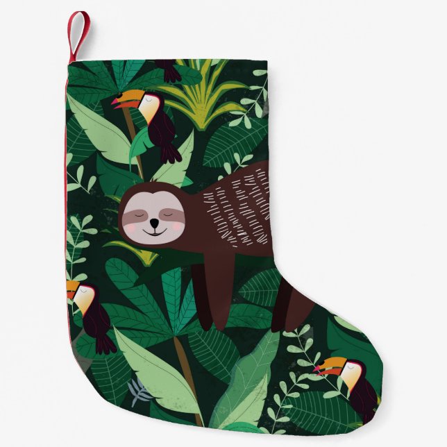 Cute sloth in green tropical illustration pattern small christmas stocking (Front)