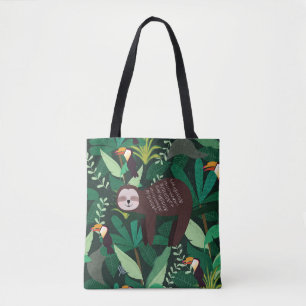 Cute sloth in green tropical illustration pattern tote bag
