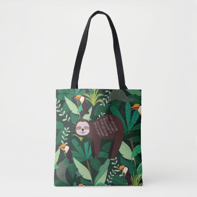 Cute sloth in green tropical illustration pattern tote bag (Front)