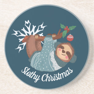 Cute Sloth in Sweater for a Slothy Christmas Coaster