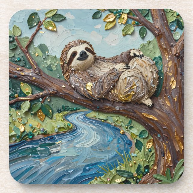 Cute Sloth in Tree Drink Coaster | Acrylic style (Front)