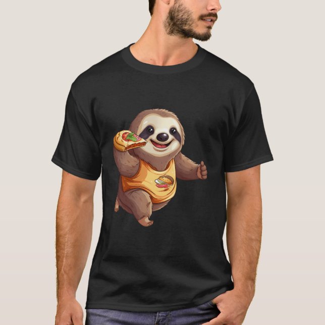 Cute Sloth Jogger Jogging Pizza Slice T-Shirt (Front)