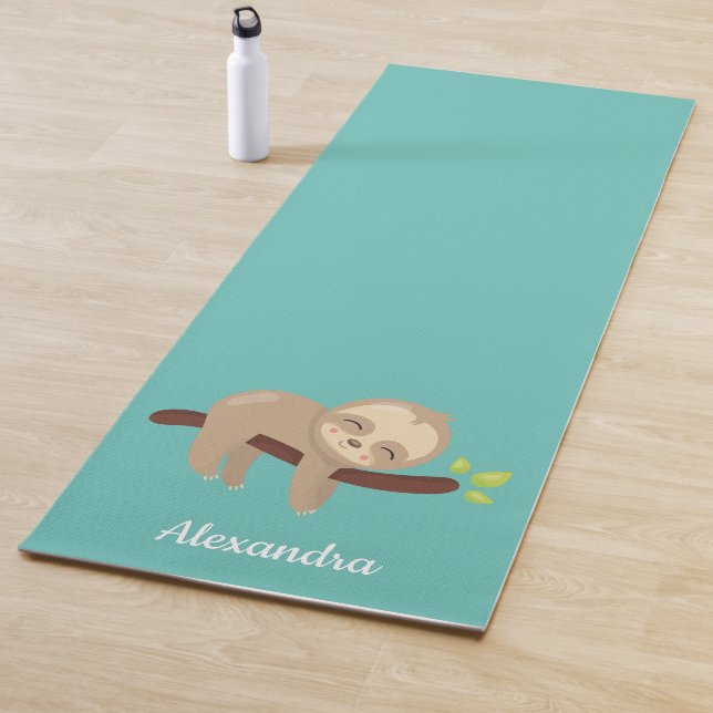 Cute Sloth Kawaii Animal Illustration on Aqua Blue Yoga Mat (In Situ)