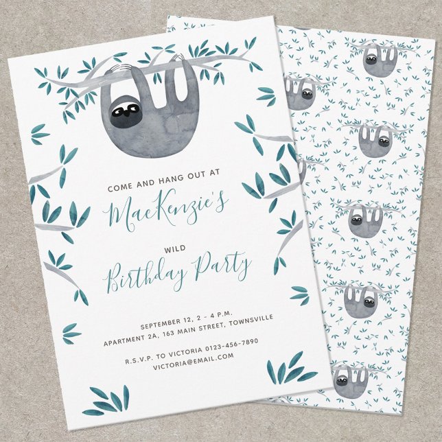Cute Sloth Kid's Birthday Party Invitation (Cute watercolor sloth themed birthday party invitation)