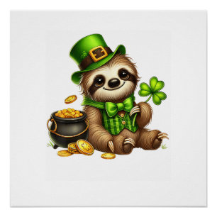 Cute Sloth Leprechaun St Patricks Day Boys Girls P Poster