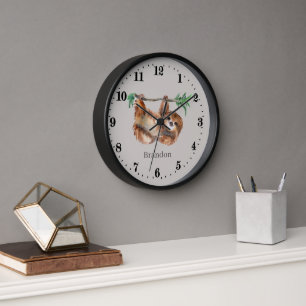 cute sloth lovers add name Large Clock 