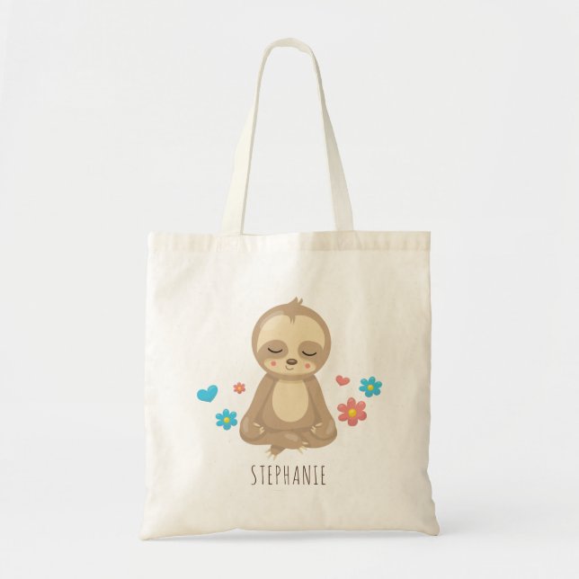 Cute Sloth Meditation Yoga Sitting Illustration Tote Bag (Front)