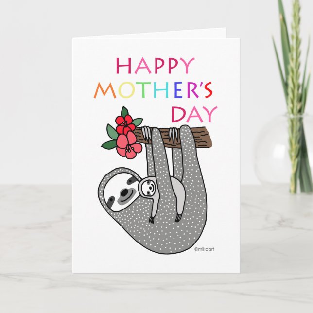 Cute Sloth Mom Baby Happy Mother's Day Rainbow Card (Front)
