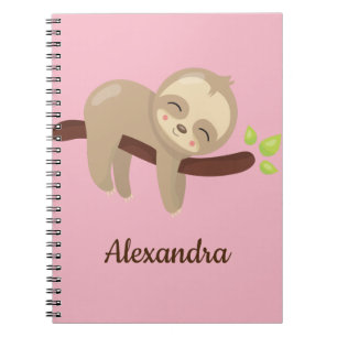 Cute Sloth On Tree Animal Illustration on Pink Notebook
