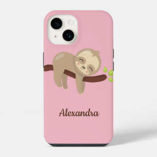 Cute Sloth on Tree Animal Illustration Pink iPhone 14 Case