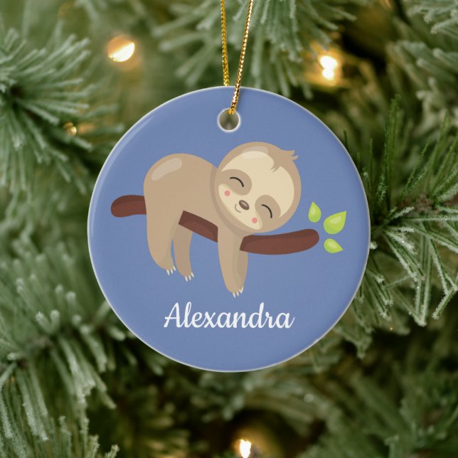 Cute Sloth on Tree Kawaii Animal On Blue Ceramic Tree Decoration (Tree)