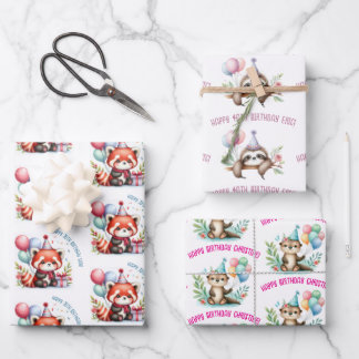 cute sloth otter red panda birthday celebration wrapping paper sheet