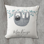 Cute Sloth Personalised Cushion<br><div class="desc">Cute watercolor sloth with script name typography on the front,  and a matching sloth pattern on the back.  Perfect for animal lovers.  Change the name to customise.  Original art by Nic Squirrell.</div>