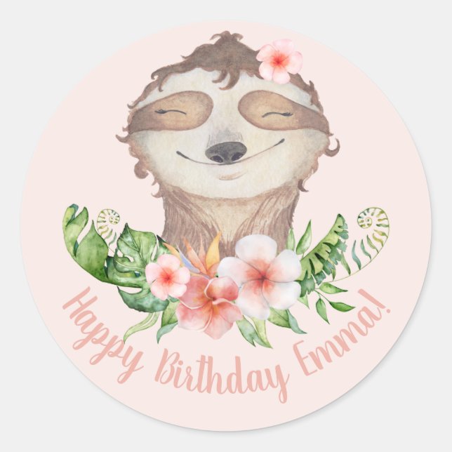 Cute sloth personalised happy birthday classic round sticker (Front)