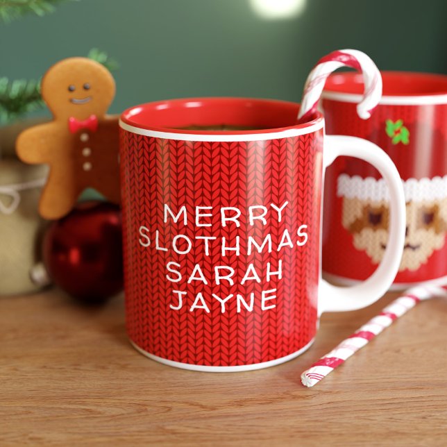 Cute Sloth Personalised Red Christmas Holiday Two-Tone Coffee Mug (Santa Sloth is coming to town! Just add your name to this cute Christmas mug)