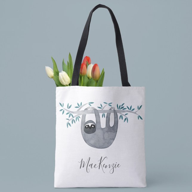 Cute Sloth Personalized Tote Bag (Watercolor sloth personalized script name tote bag)