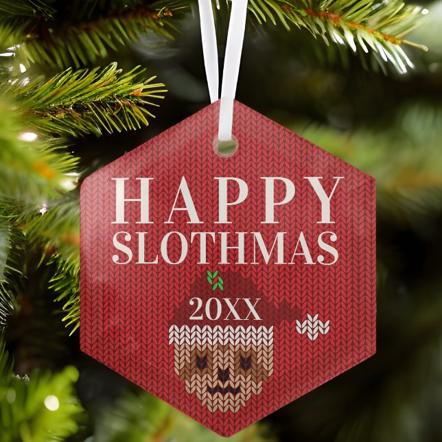 Cute Sloth Personalized Year Happy Slothmas Red Glass Tree Decoration (Tis the season to be a sloth. Add a year and hang it high!)
