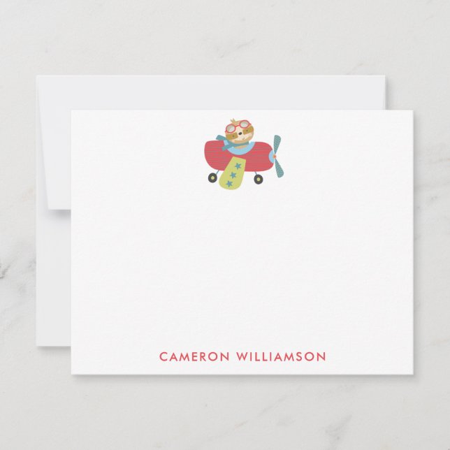 Cute Sloth Pilot Flying Personalised Stationery Card (Front)