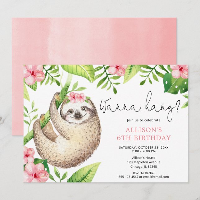 Cute sloth pink green leaves girl birthday party invitation (Front/Back)