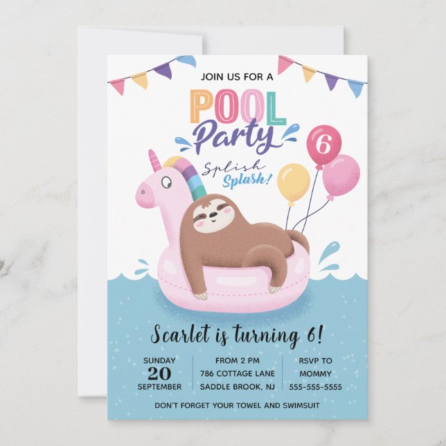 Cute Sloth Pool Party Birthday Invitation (Front)