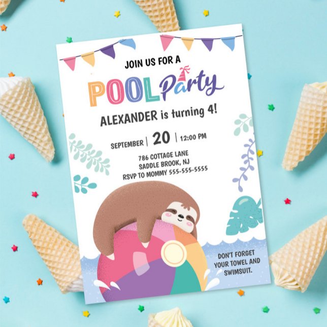 Cute Sloth Pool Party Boy Girl Birthday Invitation (Creator Uploaded)
