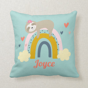 Cute Sloth Rainbow Pink Turquoise Personalise Name Cushion