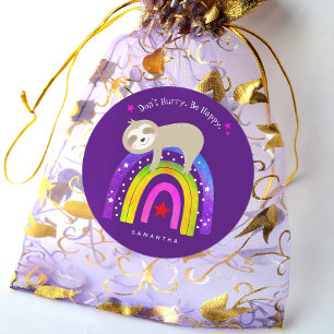 Cute Sloth Rainbow Purple Don’t Hurry Be Happy Classic Round Sticker