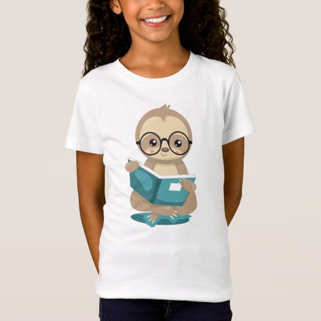 Cute Sloth Reader School Book Lover with Glasses T-Shirt (Front)