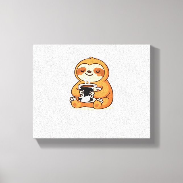 Cute Sloth Relaxing with Hot Coffee Premium T-Shir Canvas Print (Front)